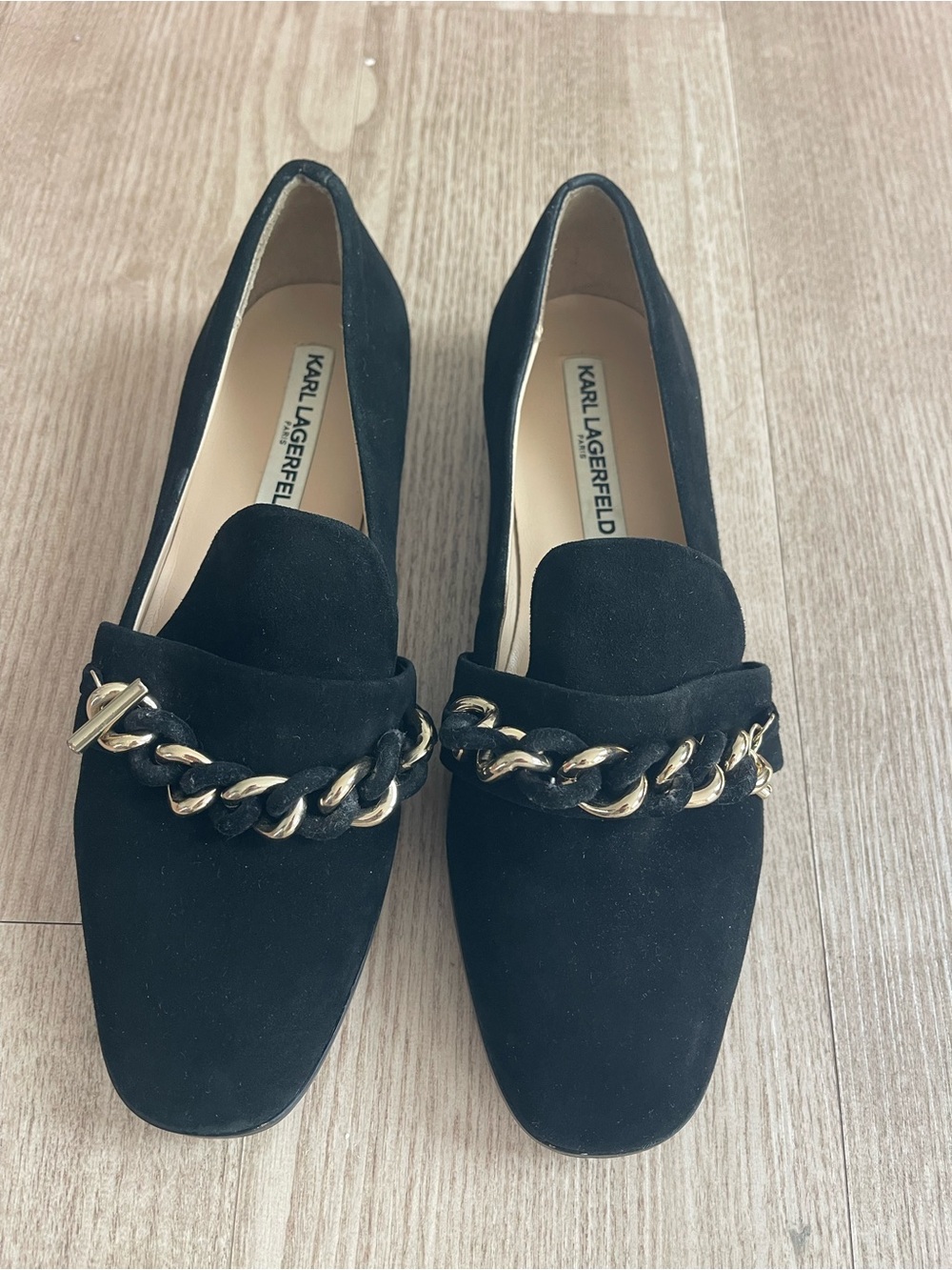 Karl Lagerfeld Black Suede Loafers with Gold Chain Accent